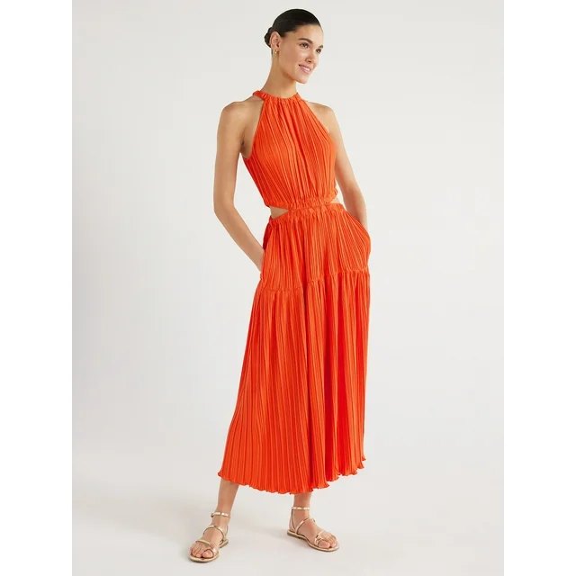 Scoop Pleated Maxi Dress with Cut-Outs