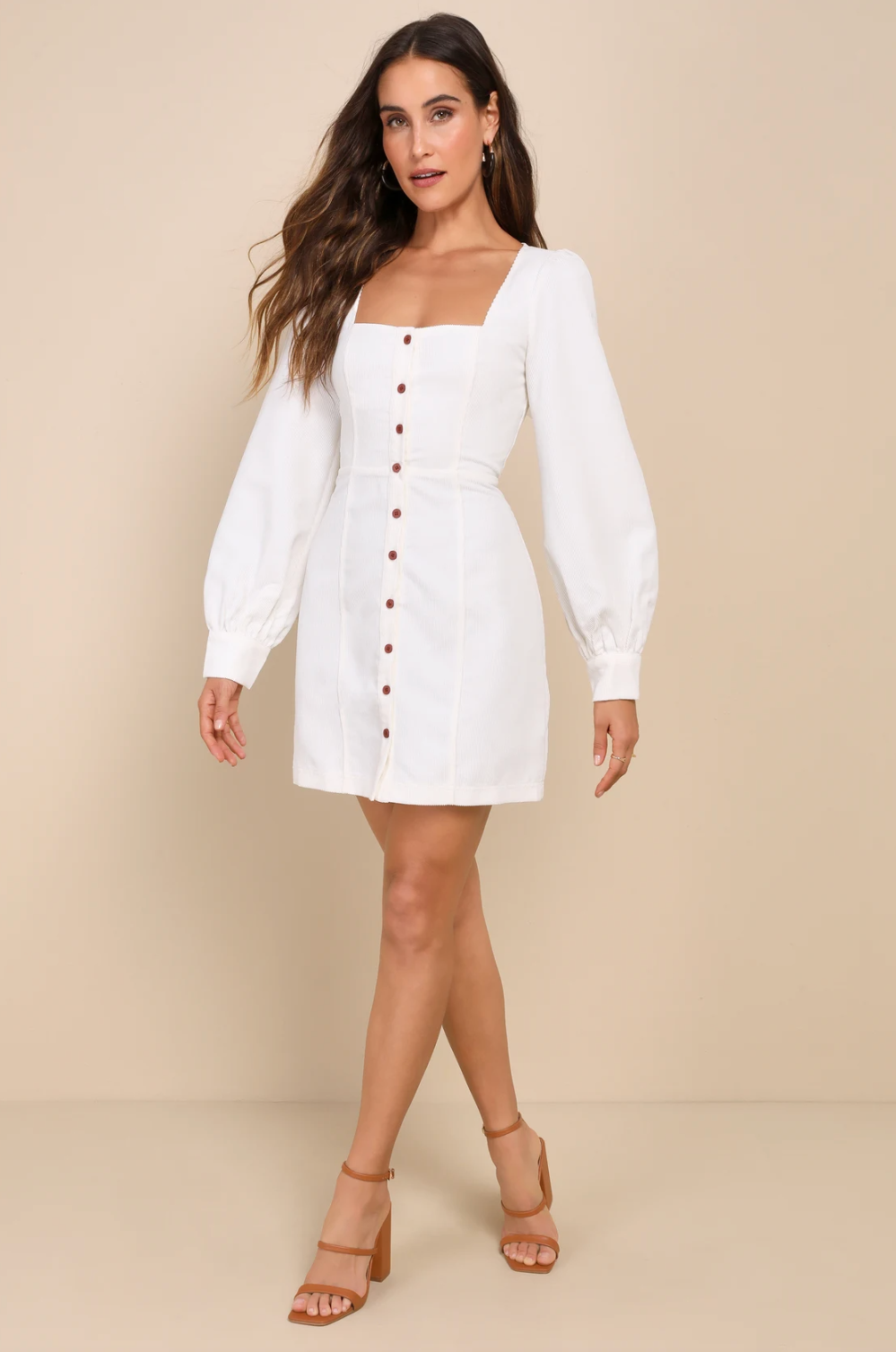 Lulus Posh Promise Ivory Corduroy Long Sleeve Button-Up Mini Dress