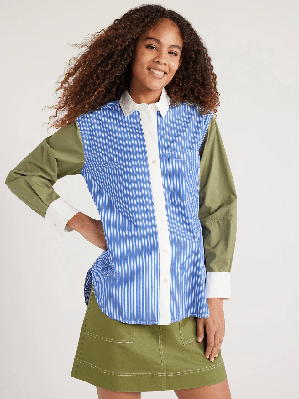 Free Assembly Women's Button Front Boxy Tunic Shirt with Long Sleeves