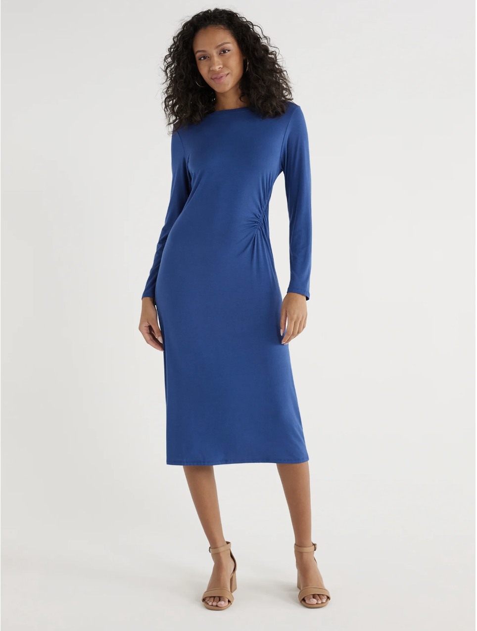 Time and Tru Women’s Rouched Midi Dress with Long Sleeves