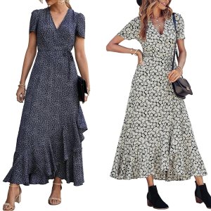 Prettygarden V-Neck Ruffle Hem Wrap Maxi Dress Amazon