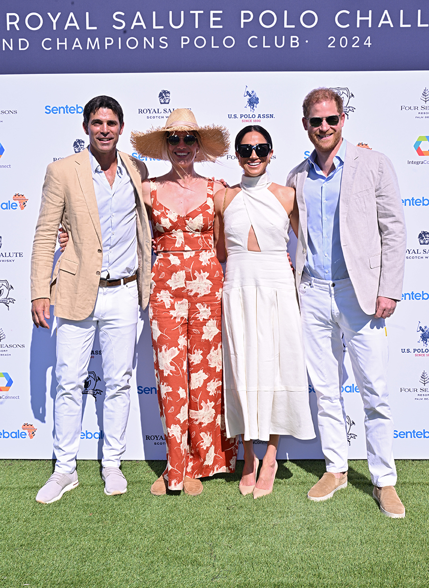 Nacho Figueras, Delfina Blaquier, Meghan Markle and Prince Harry at the Royal Salute Polo Challenge benefitting Sentebale at Grand Champions Polo Club on April 12, 2024.