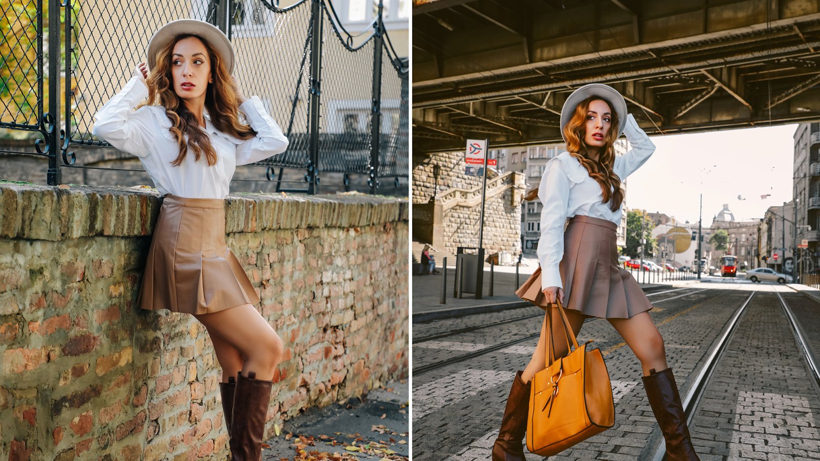 Fall Fashion.Beautiful Stylish Woman Wearing Leather Boots and Skirt, Street Concept