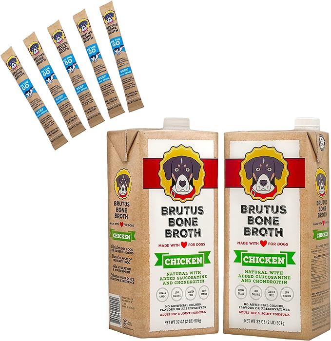 Brutus Bone Broth for Dogs (Chicken, 2-Pack) and Brutus On The Go Instant Bone Broth