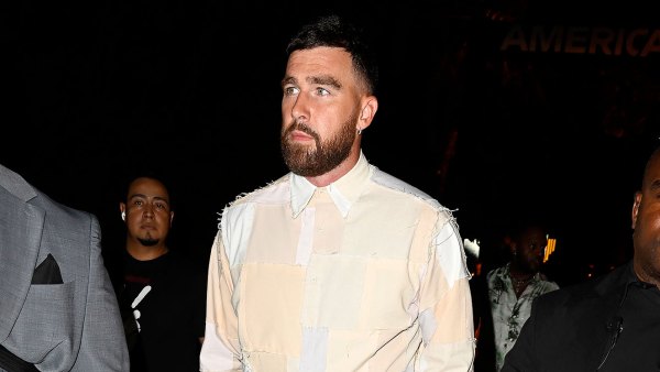 Feature Travis Kelce Attends F1 Miami Grand Prix Party in Patchwork Two-Piece Set and Pink Sneakers