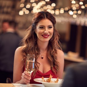 Couple celebrate Valentine's day with romantic dinner in restaurant