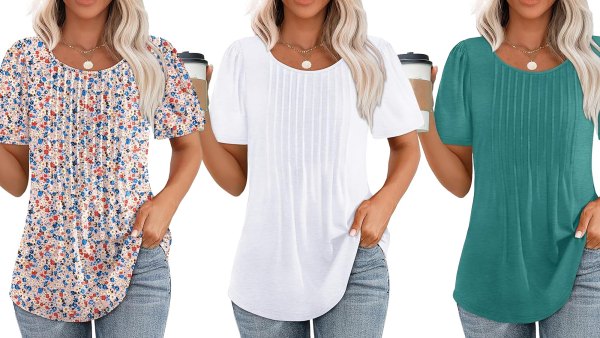 Ofeefan Short Sleeve Pleated Scooped Neck Top Amazon