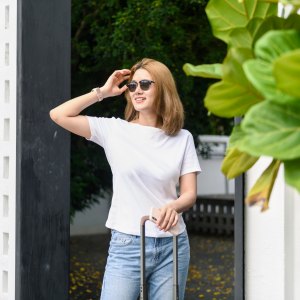 Woman in city in T-shirt