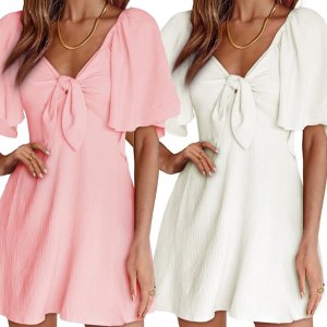 Dokotoo Deep V-Neck Bow Tie Mini Dress Amazon