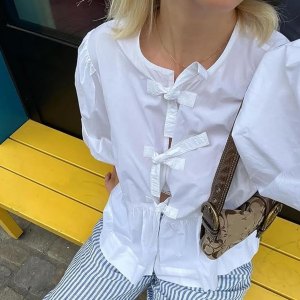 Mangmao Tie Front Peplum Babydoll Puff Sleeve Top Amazon