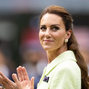 LONDON, ENGLAND - JULY 15: Catherine, Princess of Wales during the trophy ceremony for the Women's Singles Final between Marketa Vondrousova of the Czech Republic and Ons Jabeur of Tunisia at The Wimbledon Lawn Tennis Championship at the All England Lawn and Tennis Club at Wimbledon on July 15th, 2023 in London, England. (Photo by Simon Bruty/Anychance/Getty Images)