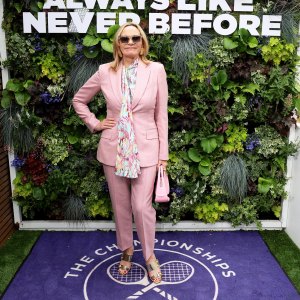 Kim Cattrall Stuns in Pink Power Suit at Wimbledon That Samantha Jones Would Approve Of
