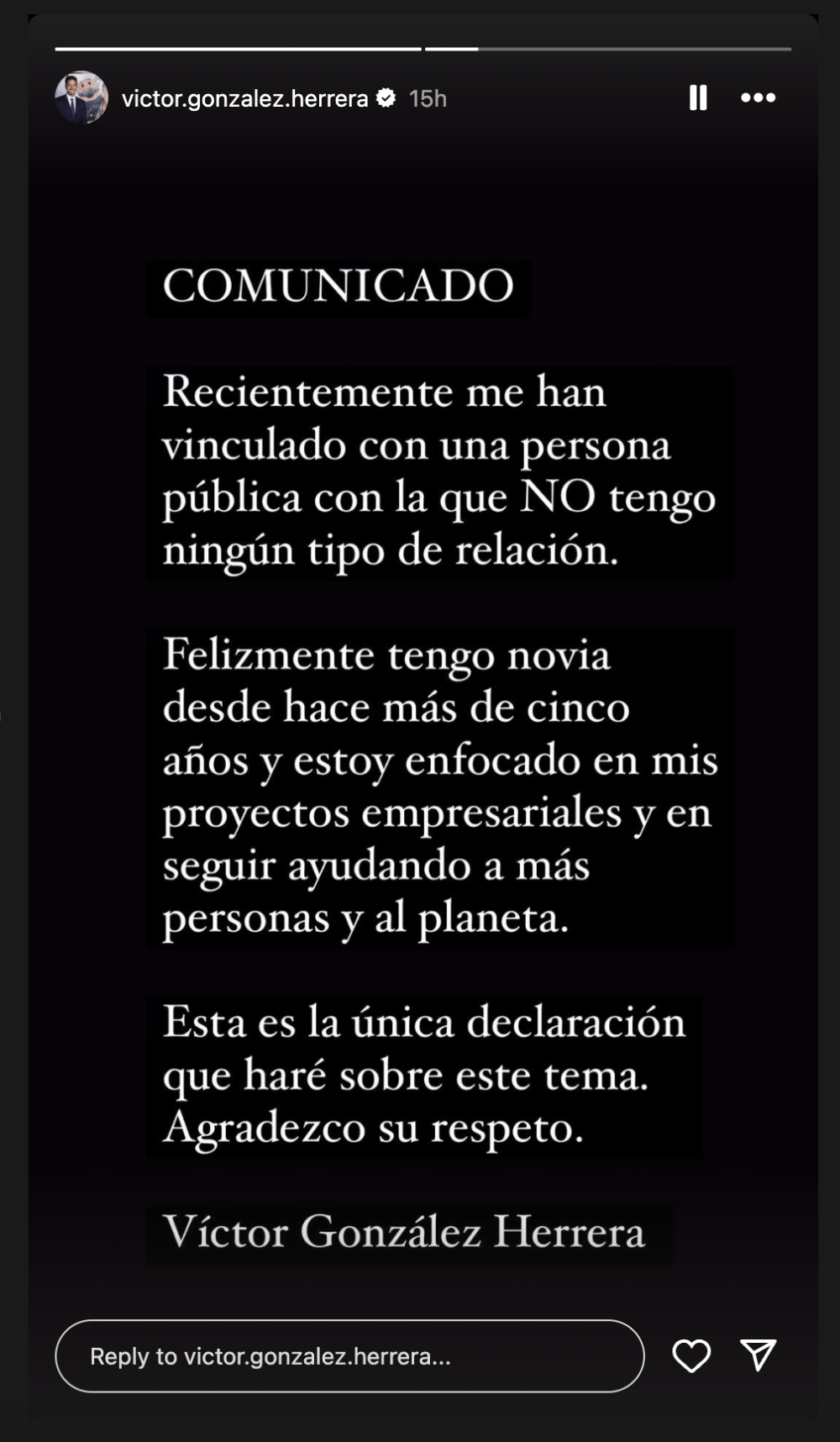 Comunicado V&iacute;ctor Gonz&aacute;lez Herrera sobre Irina Baeva