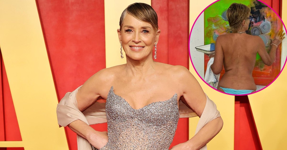 Sharon Stone Ditches Her Bikini Top for Poolside Painting Session Sharon Stone Ditches Her Bikini Top for Poolside Painting Session