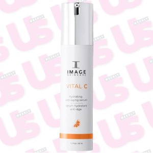 a white serum bottle in a pattered background