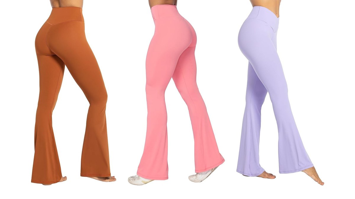 Three models wearing Sunzel Flare Leggings in brown, pink and lavender