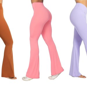Three models wearing Sunzel Flare Leggings in brown, pink and lavender