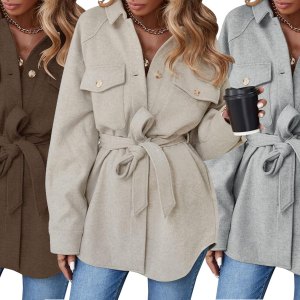 Zesica Long Sleeve Button Down Belted Jacket with Pockets