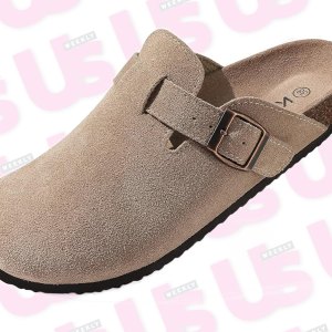 tan suede clogs on a pattered background