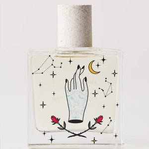 a perfume bottle with a hand logo next to its box