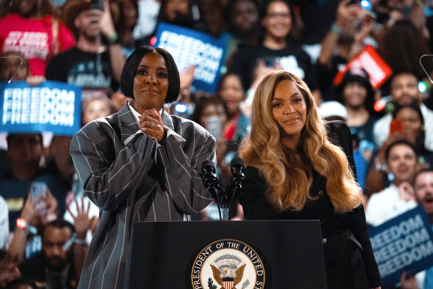 Beyonce Joins Forces With Kelly Rowland at Kamala Harris Rally | Us Weekly