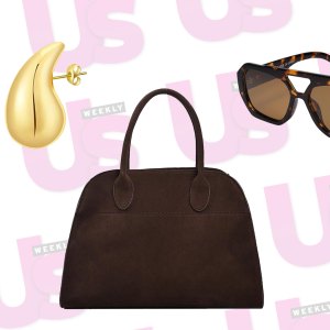 brown bag, aviator sunglasses and gold earrings