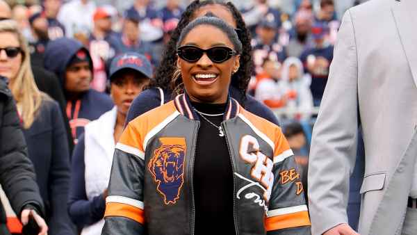 Simone Biles Struts Her Stuff in Chicago Bears Leather Jacket at Husband Jonathan Owens Game 056