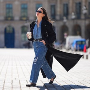 woman wearing jeans, denim top and coat