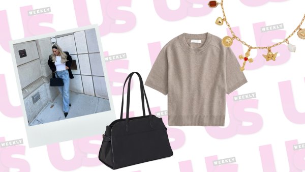 shopper tote, sweater, charm necklace