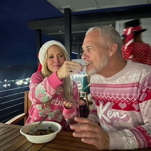 Mark Anderson and Barbara Alyn Woods holiday sweaters