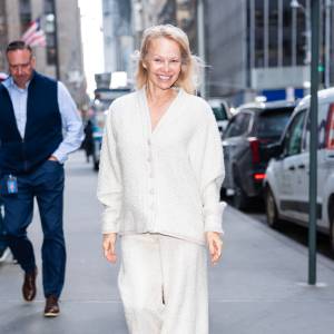 Pamela Anderson is seen wearing Chanel arriving at SiriusXM in Midtown on January 08, 2025 in New York City