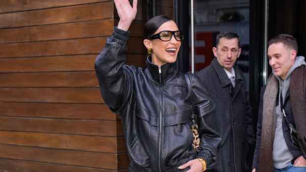 bella hadid in leather bomber