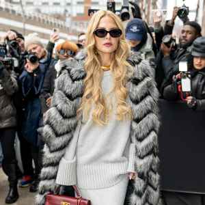 rachel zoe in fur coat and gray outfit
