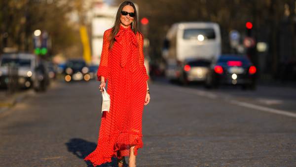 woman in red flowy dress