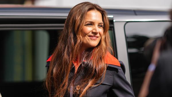 Katie Holmes wearing navy jacket