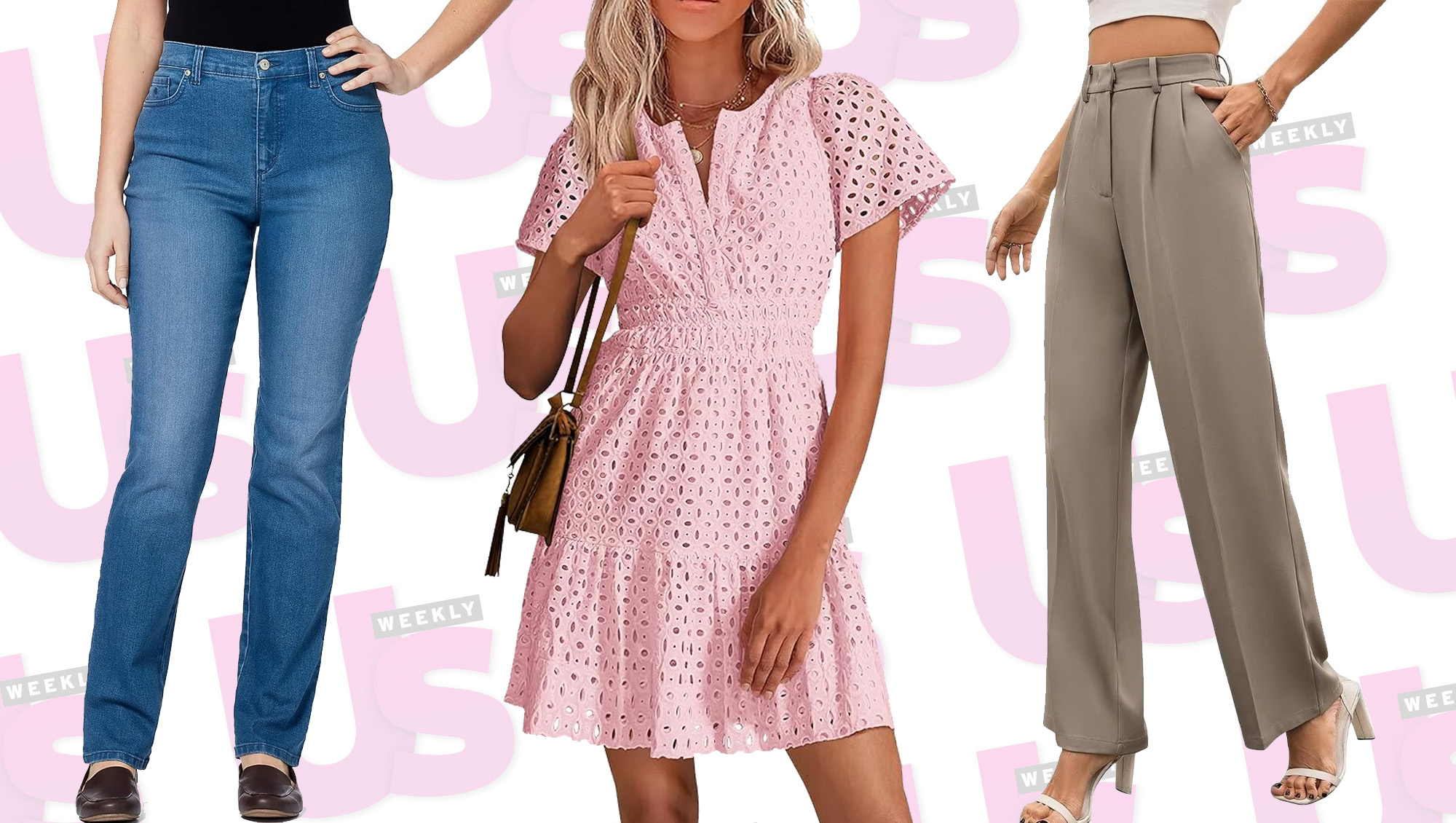 jeans, pink dress and beige trousers from Amazon