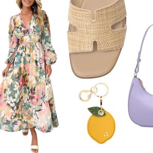 pants, dress, purse, sandals and keychain from amazon