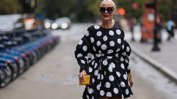 Liv Judd seen wearing a vokuhila polka dot dress, outside Carolina Herrera during new york fashion week on September 12, 2022 in New York City.
