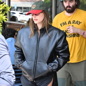 Hailey Bieber is seen on April 14, 2025 in Los Angeles, California.