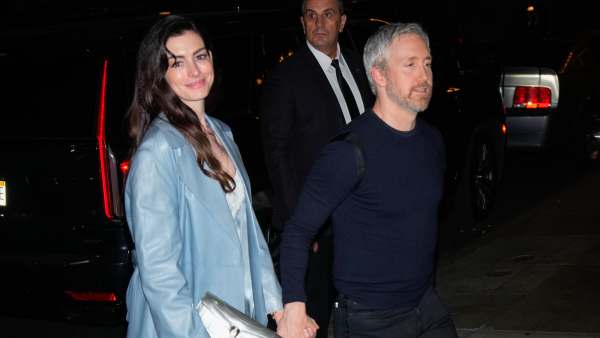 Anne Hathaway and Adam Schulman are seen arriving at Gigi Hadid's Birthday Party on April 25, 2025 in New York City.