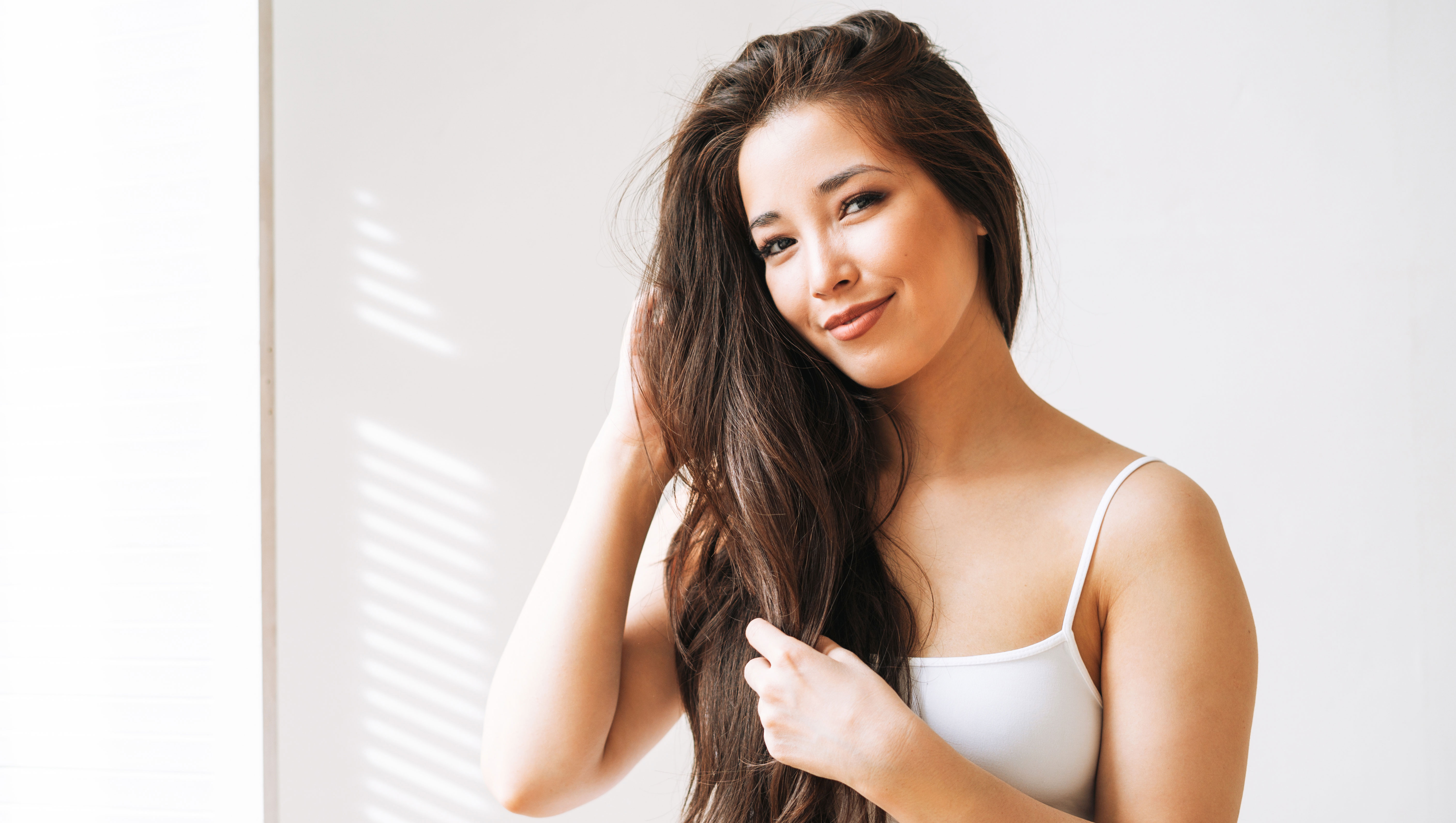 Beauty portrait of smiling young asian woman with healthy long hair by the window - stock photo