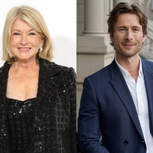 A split screen showing Martha Stewart and Glen Powell