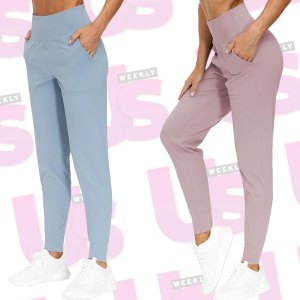 green, blue and pink joggers