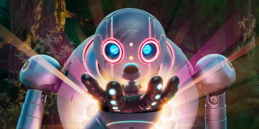 A robot holds a bird in The Wild Robot.