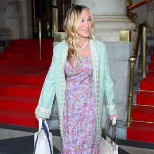 Sarah Jessica Parker is seen leaving the "And Just Like That" Season 3 press junket at The Plaza Hotel on May 20, 2025 in New York City.