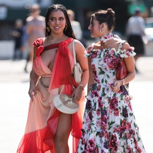 NEW YORK, NEW YORK - SEPTEMBER 09: Fashion week visitors seen wearing colorful dresses, outside Bronx and Banco Show during New York Fashion Week on September 09, 2022 in New York City. (Photo by Jeremy Moeller/Getty Images)