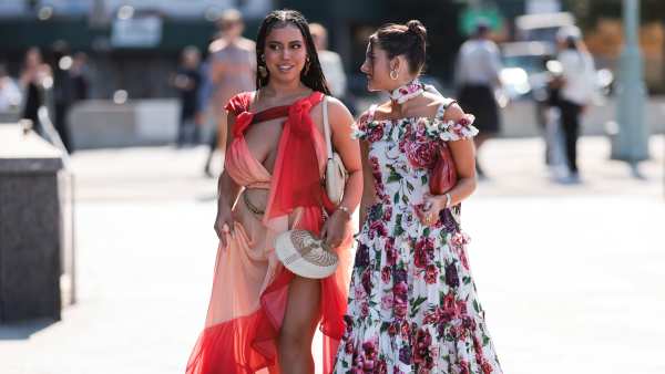 NEW YORK, NEW YORK - SEPTEMBER 09: Fashion week visitors seen wearing colorful dresses, outside Bronx and Banco Show during New York Fashion Week on September 09, 2022 in New York City. (Photo by Jeremy Moeller/Getty Images)
