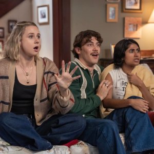 Lucy Freyer, Jack Innanen and Amita Rao sit on a couch in Adults