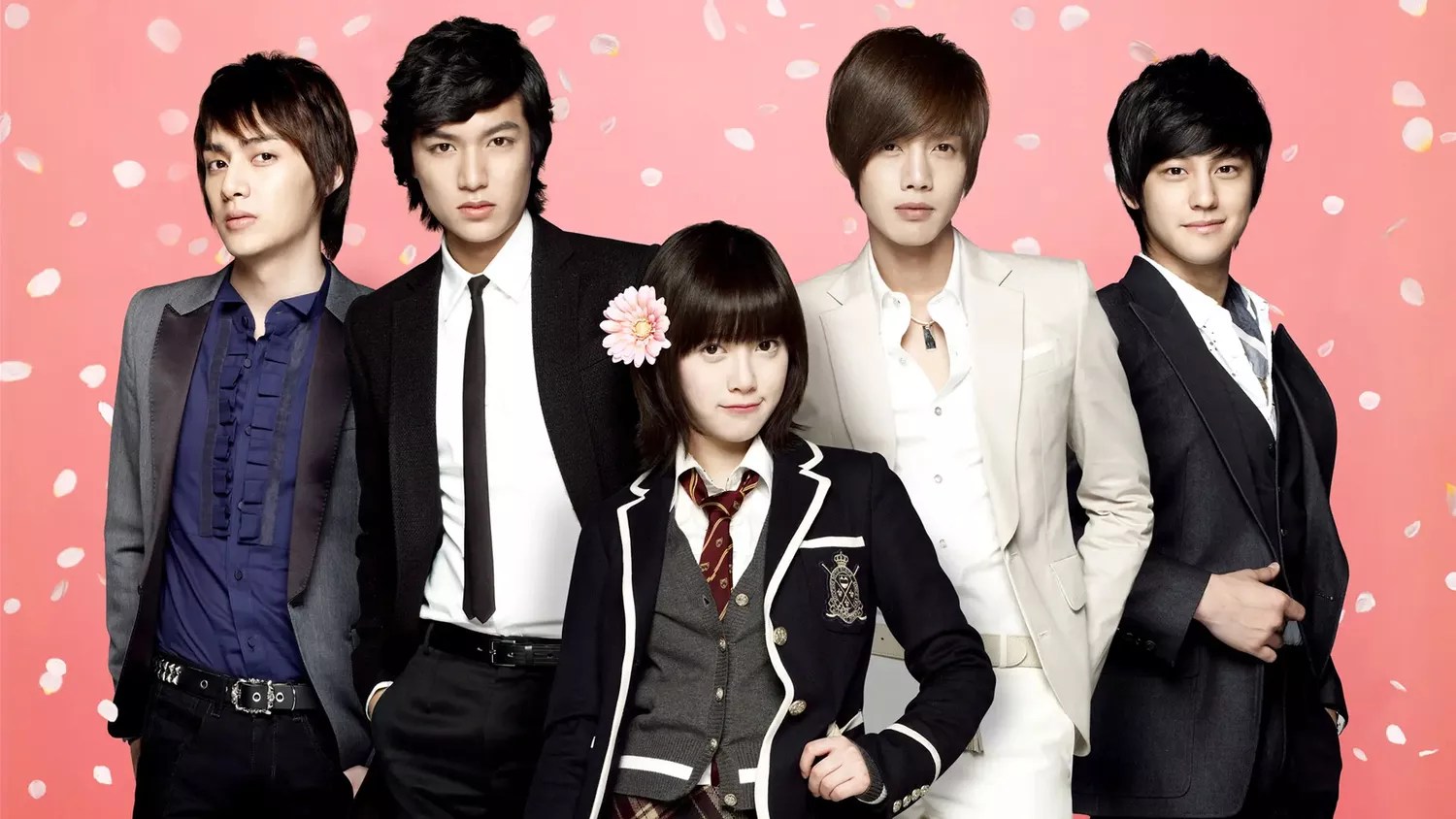 Kim Joon as Song Woo-bin, Lee Min-ho as Goo Joon-pyo, Ku Hye-Sun as Geum Jan-di, Kim Hyun-joong as Yoon Ji-hoo, and Kim Bum as So Yi-jung on 'Boys Over Flowers'.