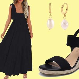 dress, bag, wedges and earrings from Amazon